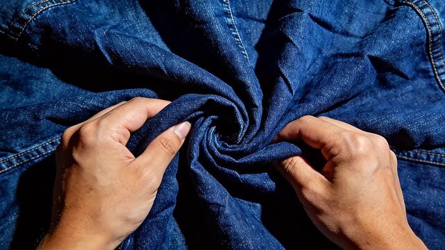 Denim fabric rolling in spiral pattern on textured surface