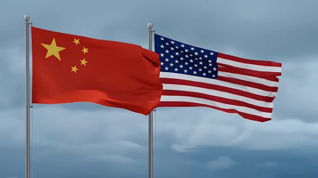 Flags of China and the United States Flying Against a Cloudy Sky - The video features the national flags of China and the United States waving in the air.
