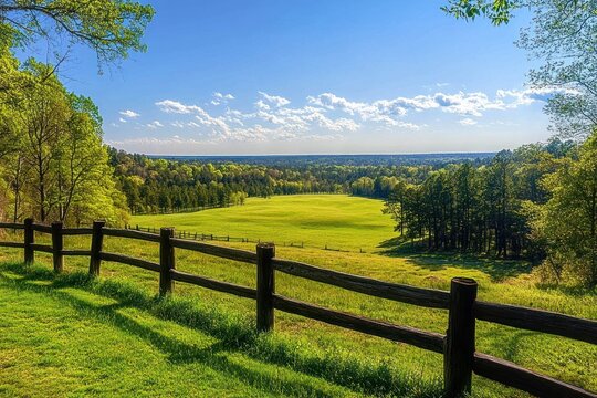 Sunlit green meadow framed by a weathered wooden fence overlooking rolling fields, distant tree line and clear blue sky with scattered clouds, peaceful and serene
