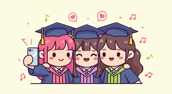 Three Graduates in Caps and Gowns Taking a Selfie.