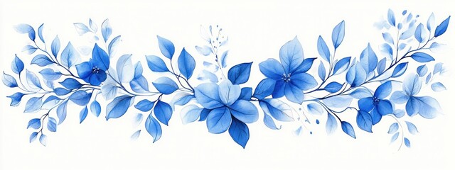 Fototapeta premium Serene blue watercolor floral garland of blossoms and leaves with delicate branches and soft paint splashes
