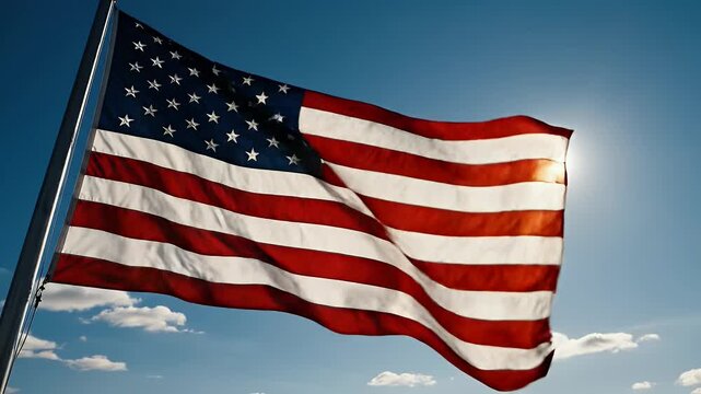 U.S. Flag Waving Under the Sun - The video captures the United States flag gracefully waving in the wind, set against a clear blue sky.