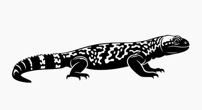 Black silhouette of gila monster lizard with patterned body isolated on white.