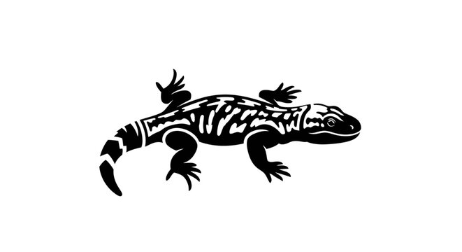 Black silhouette of gila monster lizard with patterned body on white background.