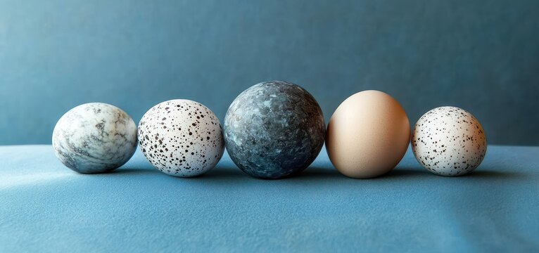 five textured eggs and stone spheres arranged in a balanced row on blue fabric, minimalist still life conveying calm serenity