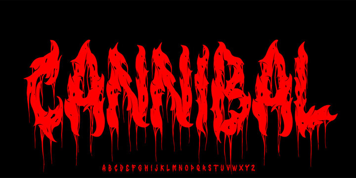 Cannibal font. Y2k Dark Lettering tattoo vector type font. Grunge style type font with Gothic Punk Rock and Death Metal signs and symbols. Scary tattoo font 00s concept.