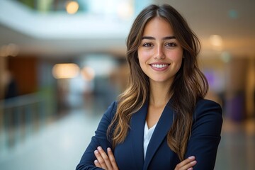 Obraz premium Confident professional woman in navy blazer and white blouse standing with crossed arms in a modern indoor lobby, poised and self-assured