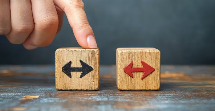 finger hesitating between two wooden blocks with black and red double-headed arrows on a rustic table conveying indecision