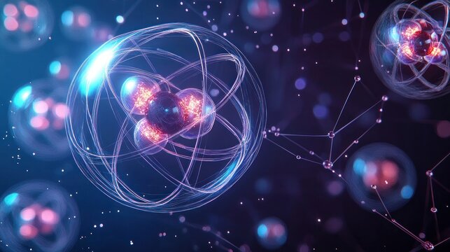 Glowing atoms with orbiting electrons and luminous nuclei connected by a particle network, evoking wonder and futuristic scientific energy