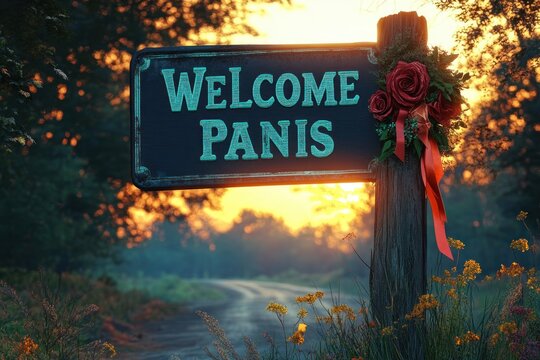 rustic welcome sign reading welcome panis on a wooden post adorned with red roses and ribbon beside a winding country lane at sunset, warm inviting and nostalgic atmosphere