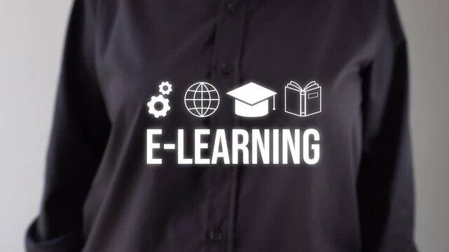 Businessperson pointing towards an animation of the word "e-learning" with icons of a globe, gears, graduation cap, and book. Online education.