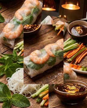 Fresh shrimp spring roll wrapped in translucent rice paper with mint leaves, rice noodles, carrot and cucumber sticks, served with dipping sauce on a rustic wooden surface under warm hanging lamp ligh