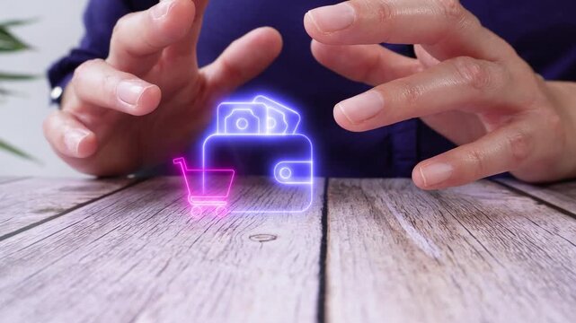 Personal expenses on purchases. Close-up of a pair of hands on a table, protecting a virtual wallet icon with a shopping cart.