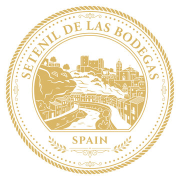 Setenil de las Bodegas Spain travel seal emblem with architectural townscape vector illustration