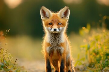 Fototapeta premium young red fox standing alert in a sunlit meadow with perked ears and glowing fur, conveying curiosity and calm