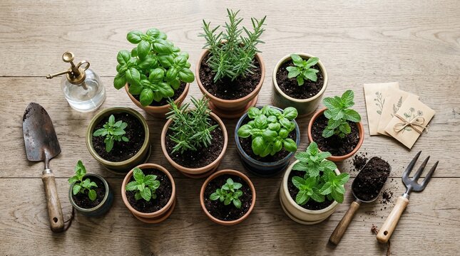 Herbs in pots (Basil Ocimum basilicum, Rosemary Rosmarinus officinalis, Mint Mentha) with garden tools on a wooden table.