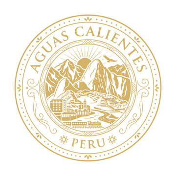 Aguas Calientes Peru travel seal with Machu Picchu mountains and train vector illustration