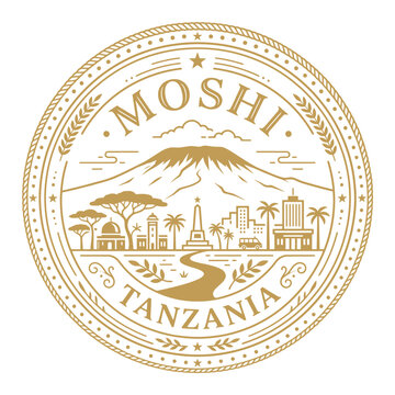 Circular gold line art emblem of Moshi Tanzania featuring Mount Kilimanjaro
