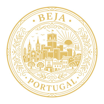 Golden circular travel emblem of Beja Portugal with castle landscape vector illustration