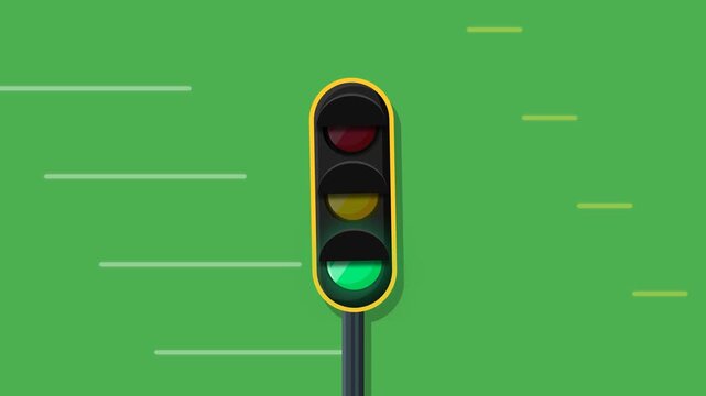 Stylized 2D Animation of Traffic Light Changing from Red to Yellow on Green Background