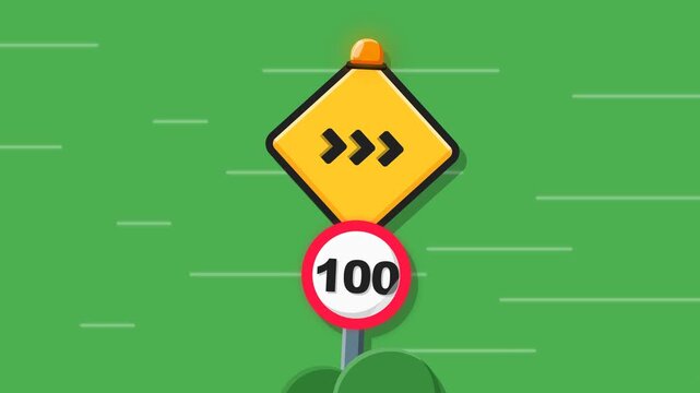 High Speed Road Sign Animation with Velocity Motion Blur and Warning Light on Green Background
