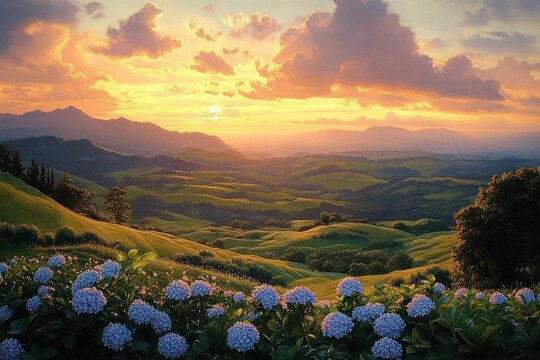 Blue hydrangea field overlooking sunlit rolling hills and distant mountains at golden sunset, serene valley beneath dramatic glowing clouds