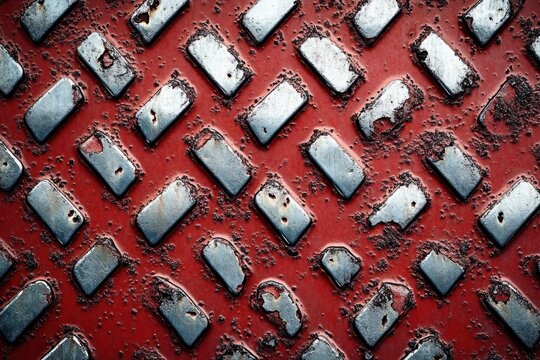 close-up of weathered red metal plate with raised rectangular studs, rust, peeling silver paint and gritty industrial texture