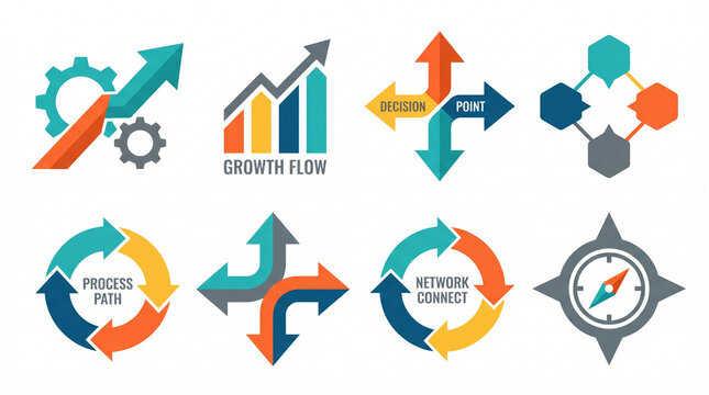 Business infographic icons set, colorful growth flow charts and process path diagrams, professional decision point arrows and network connect symbols