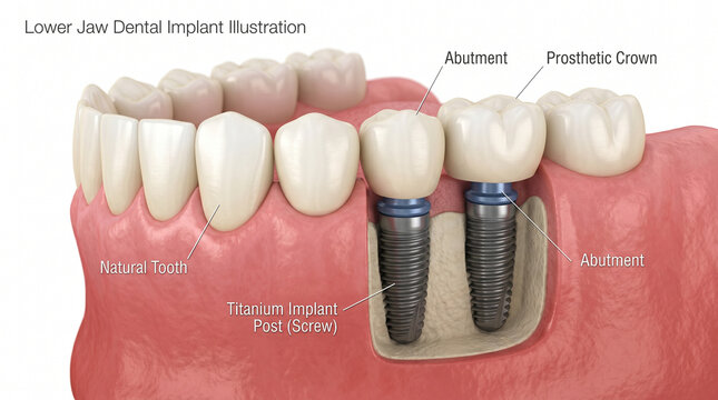 Ilustraci&oacute;n 3D de Implantes Dentales en Mand&iacute;bula Inferior
