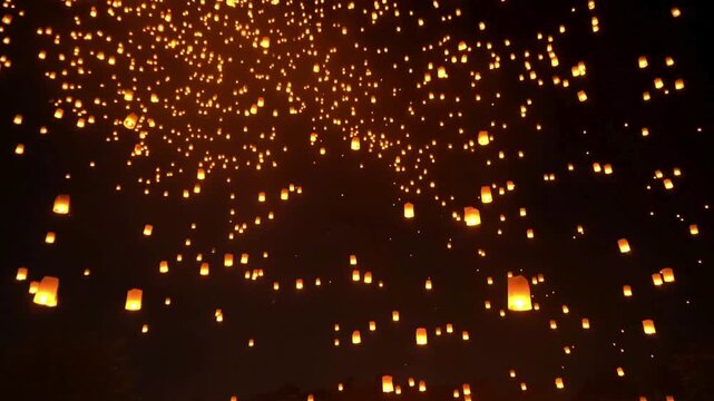 Lanterns fill the sky as they float gracefully in the air. Many paper lanterns are released into the night sky to commemorate a certain day.