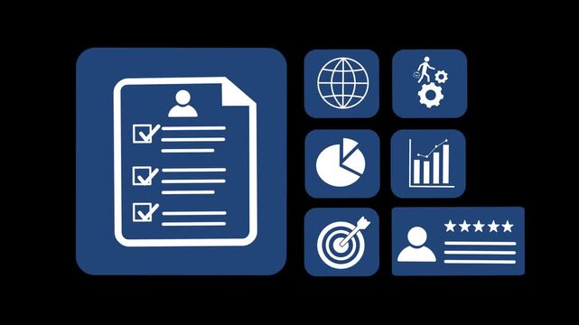 An animated icon set featuring business tools related to recruitment and human resources: lists, globes, goals, charts, resumes, and user profiles.