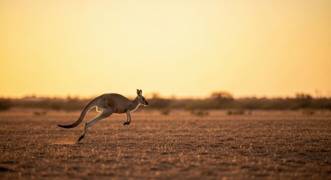 Kangaroo in motion during sunset in the Australian outback landscape