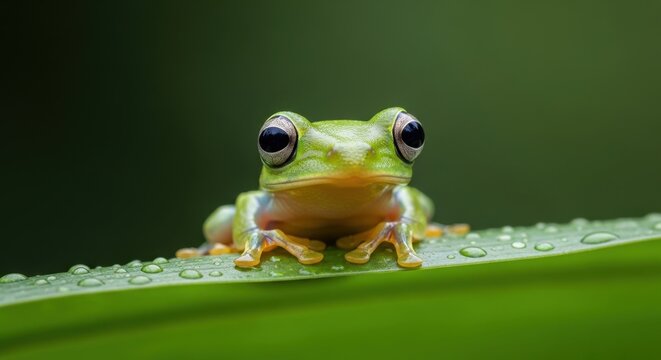 Green frog sitting on a leaf with water droplets looking at camera