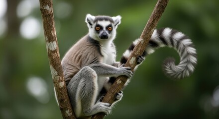 Fototapeta premium Ring-tailed lemur sitting on tree branch in forest habitat