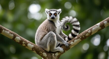 Fototapeta premium Ring-tailed lemur sitting on a tree branch with a curious expression