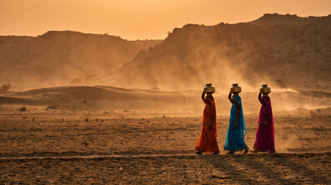 Rajasthani Women Carrying Water Matkas Across Thar Desert at Sunset