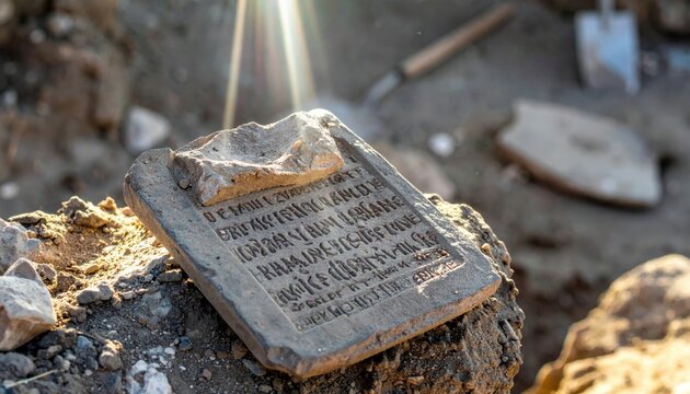Ancient weathered clay tablet featuring deeply incised cuneiform script discovered at an archaeological dig site