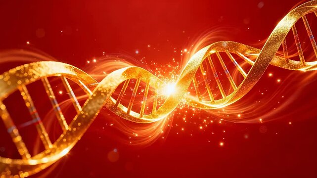 Golden DNA double helix structure glowing on red background