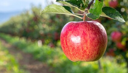Obraz premium A perfectly ripe, glossy red apple hanging from a branch in a sunlit orchard
