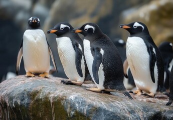 Obraz premium Group of four penguins standing on a wet rocky ledge, huddled closely and appearing curious and attentive
