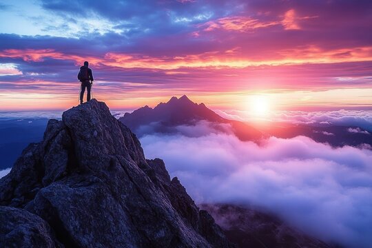 Lone hiker on rocky summit with backpack and poles above a sea of clouds, watching a vibrant sunrise over jagged distant peaks, feeling awe and triumph