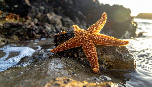 Brightly Colored Starfish Clinging to Submerged Rock with Intricate Arms Spread Outdoors