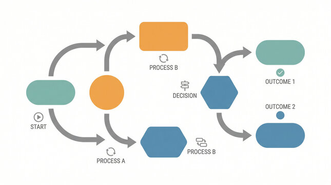 Professional business process flowchart, organizational workflow diagram with arrows, strategic decision tree mapping for corporate management