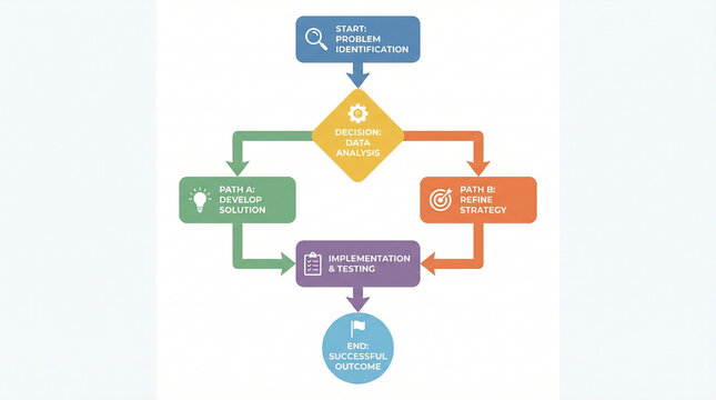 Business process flowchart for problem identification and solution development, colorful workflow diagram with decision analysis and implementation steps