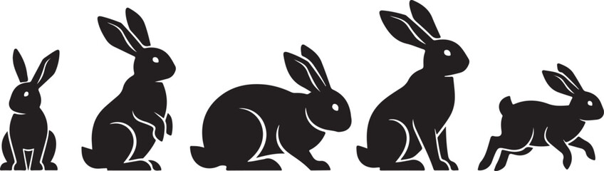 Obraz premium Four black rabbits in varying poses create a striking visual silhouette high quality