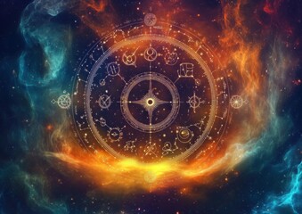 Obraz premium Mystical glowing celestial wheel of zodiac symbols and constellations floating over a fiery orange and teal nebula, evoking cosmic wonder and serene mystery