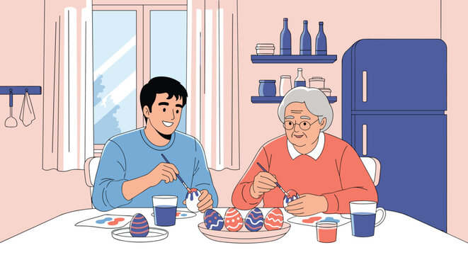Young man and an elderly woman bond while sitting at a kitchen table and painting colorful Easter eggs during a traditional holiday activity.