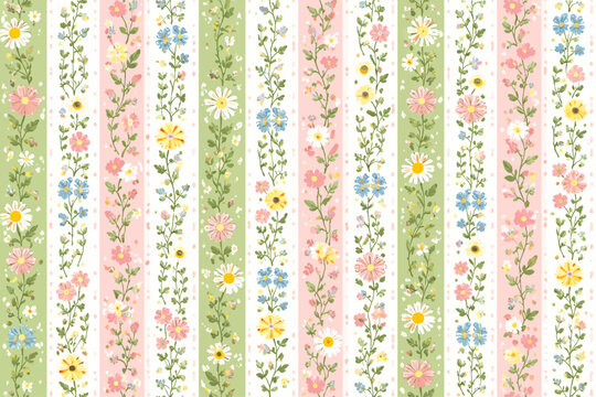 Seamless pattern with hand drawn cute flowers. Long green, pink, white stripes.  Naive, simple art design. Endless spring, summer botanical vector illustration. Cottagecore, country vintage style.