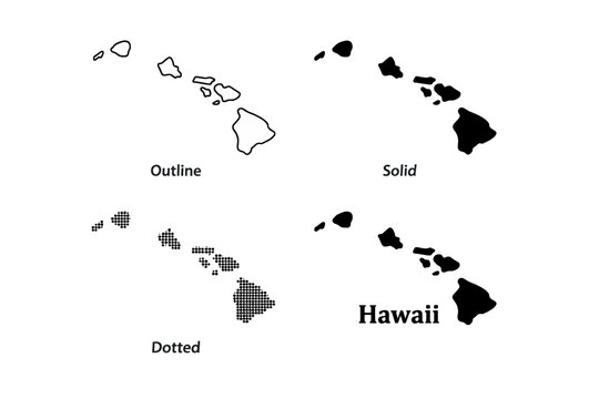 Hawaii state map icon. US state silhouette in outline, filled, dotted and labeled styles sign. State border and island location symbol. American geography pictogram. Regional identity illustration