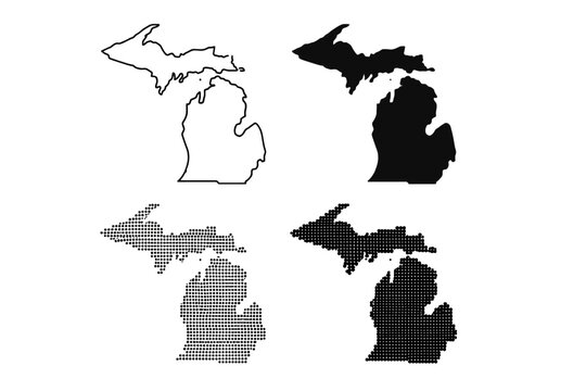 Michigan state usa map silhouette set showing upper and lower peninsulas in outline solid and dotted vector configurations